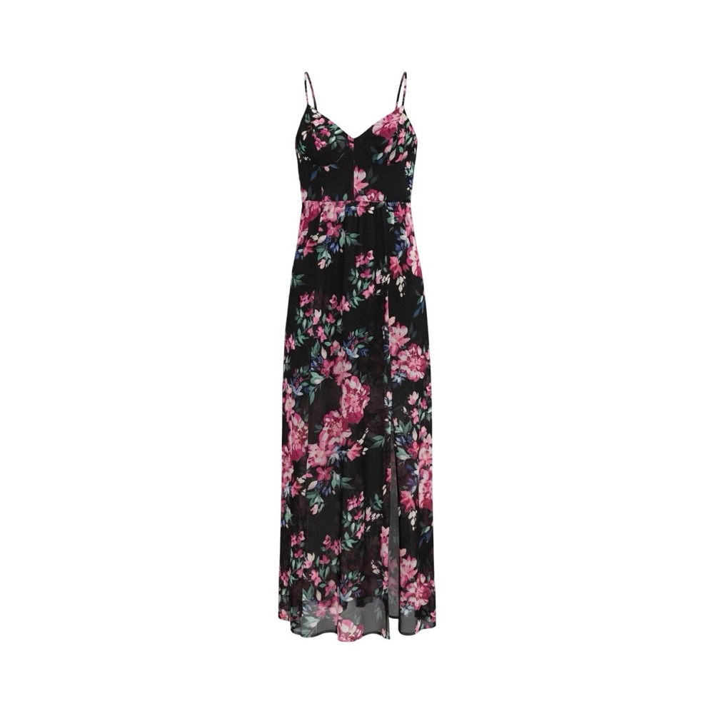 Express Women's Black Pink Floral Chiffon Maxi Dress Size Small